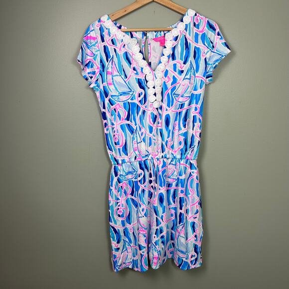 Lilly Pulitzer Reble Romper Skort Dress Reel Nauti Blue Pink Sailboat Mini Small - Picture 2 of 9